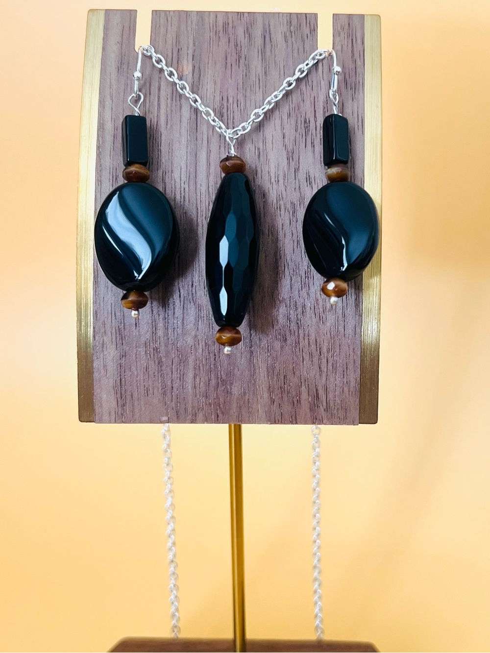 Silver plated Black crystals and tigers eye Jewelry Set